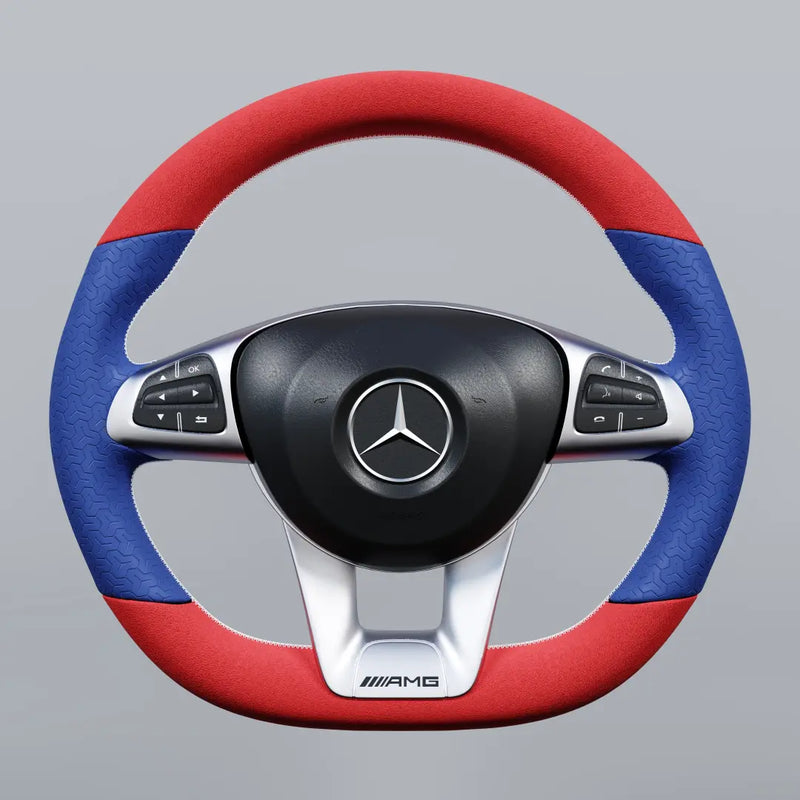 Red and blue Alcantara steering wheel cover for Mercedes-Benz