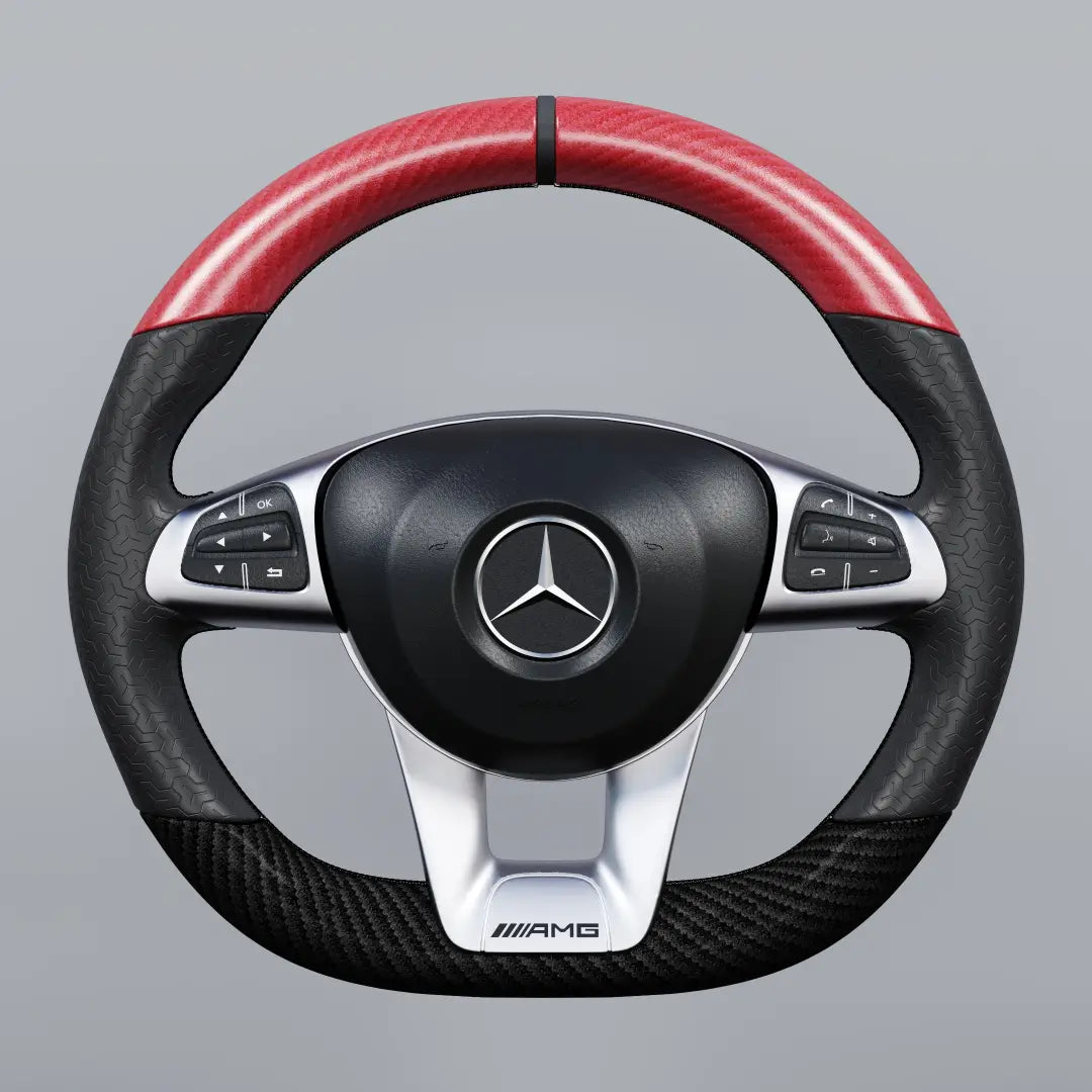 Mercedes-Benz steering wheel with red and black carbon fiber design