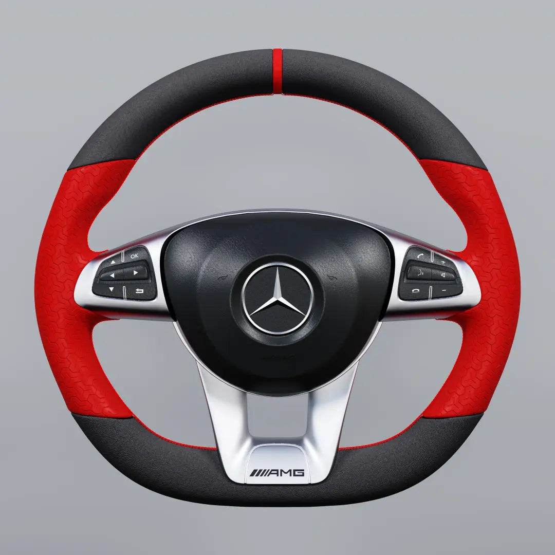 Mercedes-Benz steering wheel with red and black suede design