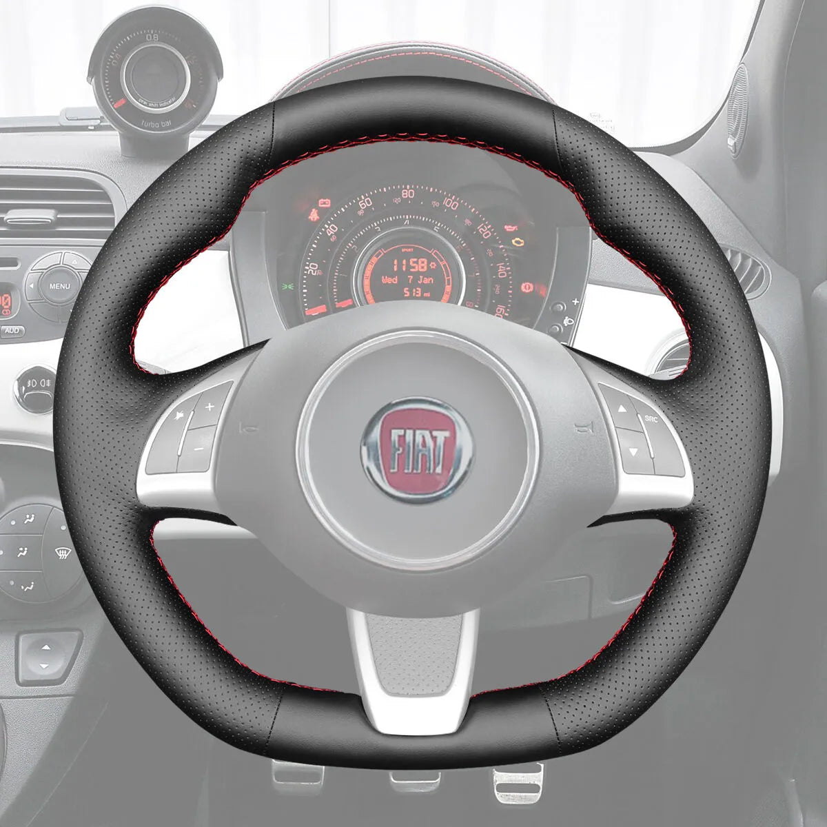 Griffowl Steering Wheel Cover for Bespoke Hatchback Fiat 500 2009-2016. Perfect grip with our steering wheel wrap and custom interior touch.