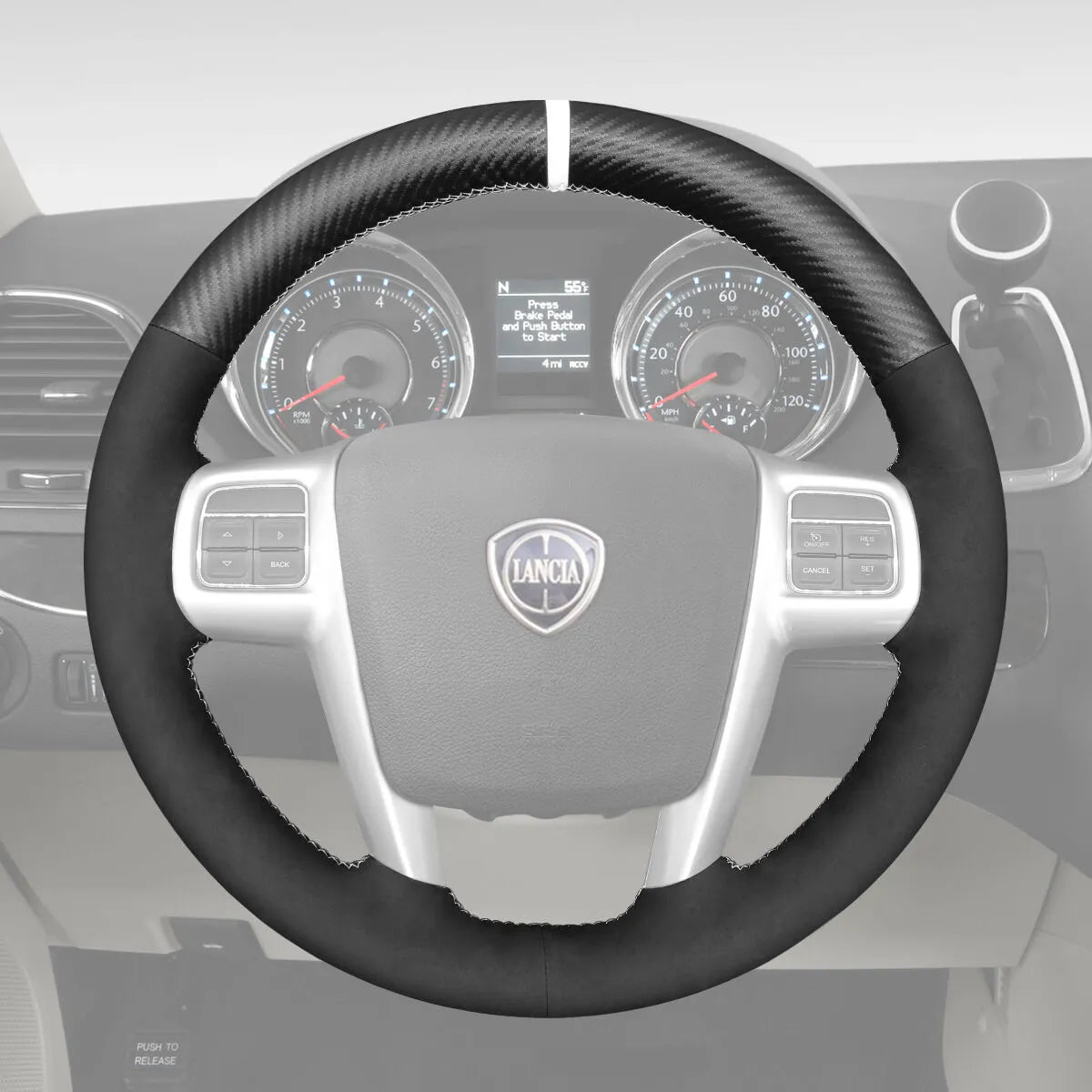 Griffowl Steering Wheel Cover for Bespoke Hatchback Lancia Voyager 2011-2015. Griffowl's interior mod with hand-sewn DIY steering wheel kit.