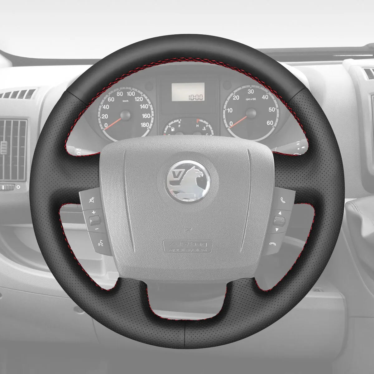 Griffowl Steering Wheel Cover for Bespoke Hatchback Vauxhall Movano 2022-2025. Griffowl's interior mod with hand-sewn DIY steering wheel kit.