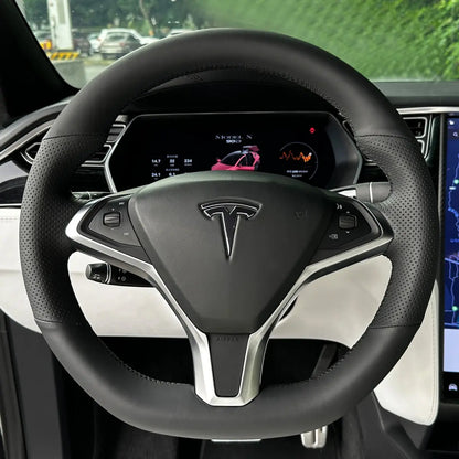 Customized Sedan Steering Wheel Cover for Tesla Model S Model X 2013-2017, DIY kit includes hand-sewn wrap for luxury interior mods.