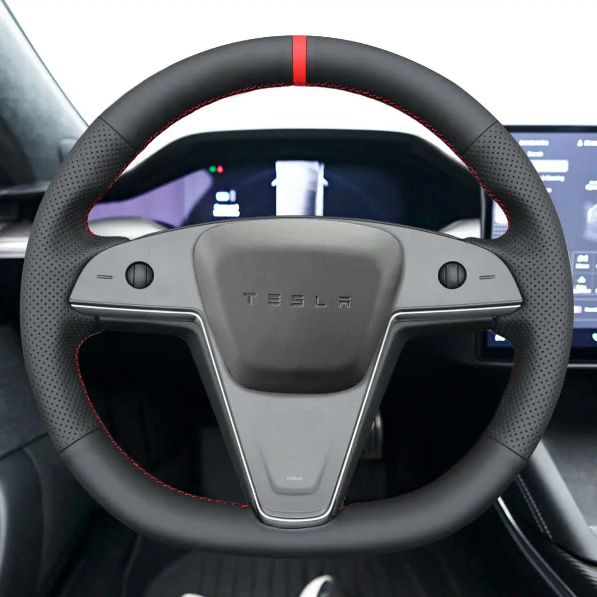Customized Sedan Steering Wheel Cover for Tesla Model S Model X 2021-2025 Round Steering Wheel, DIY kit includes hand-sewn wrap for luxury interior mods.