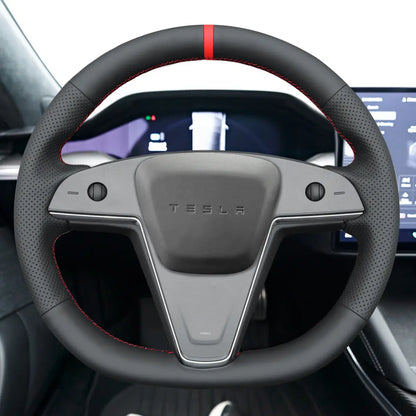 Customized Sedan Steering Wheel Cover for Tesla Model S Model X 2021-2025 Round Steering Wheel, DIY kit includes hand-sewn wrap for luxury interior mods.