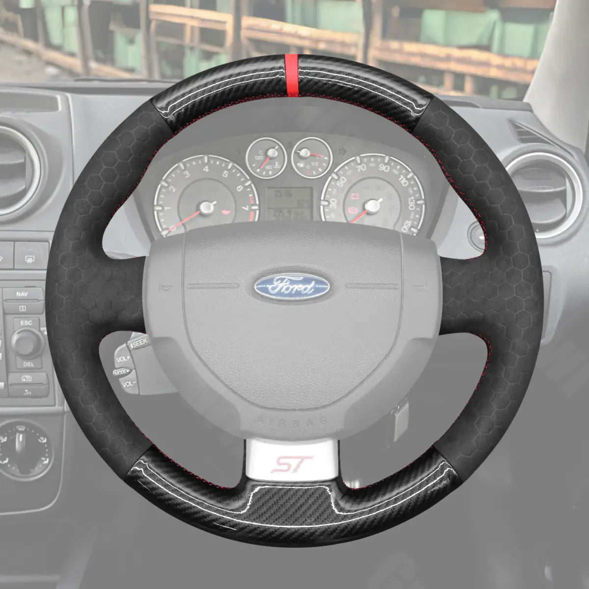 Griffowl Steering Wheel Cover for Bespoke Hatchback Ford Fiesta MK6 Fusion Transit Connect Mk5 2002-2013. Perfect for enthusiasts seeking refined interior mods.