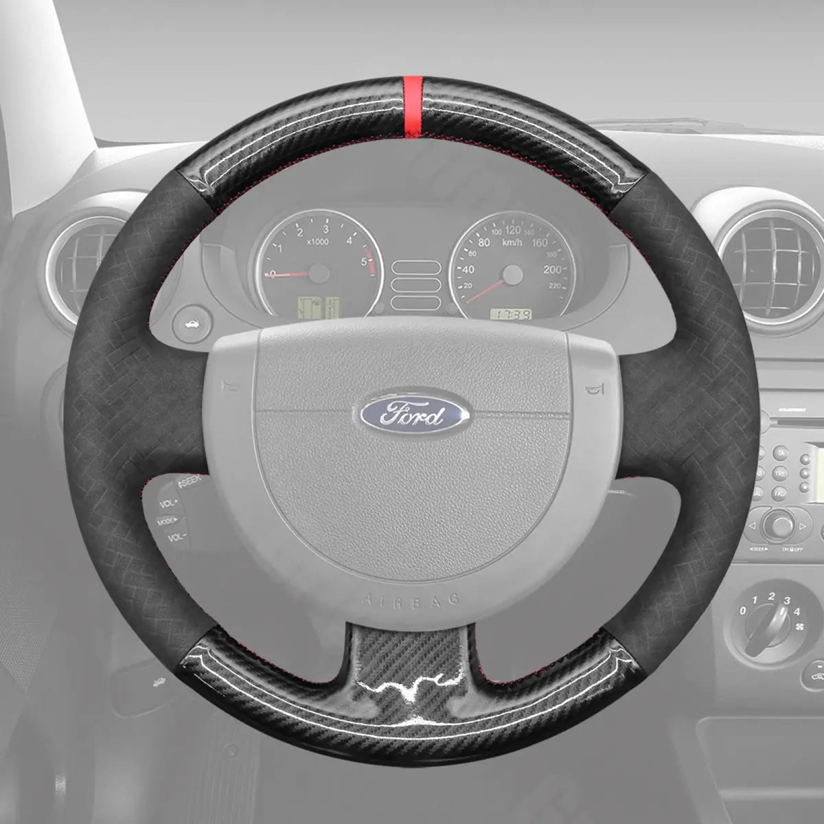 Griffowl Steering Wheel Cover for Bespoke Hatchback Ford Fiesta MK6 Fusion Transit Connect Mk5 2002-2013. Perfect for enthusiasts seeking refined interior mods.