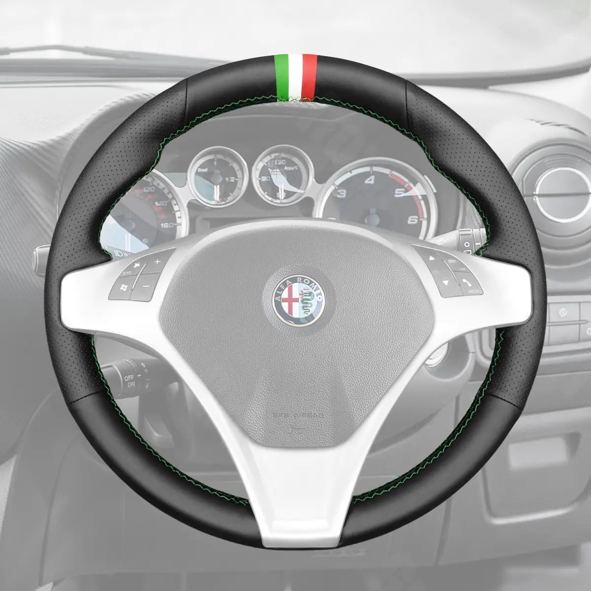 Griffowl Steering Wheel Cover for Bespoke Hatchback Alfa Romeo MiTo Giulietta 2008-2015. Elevate your interior with Griffowl's wrap and stitch kit.