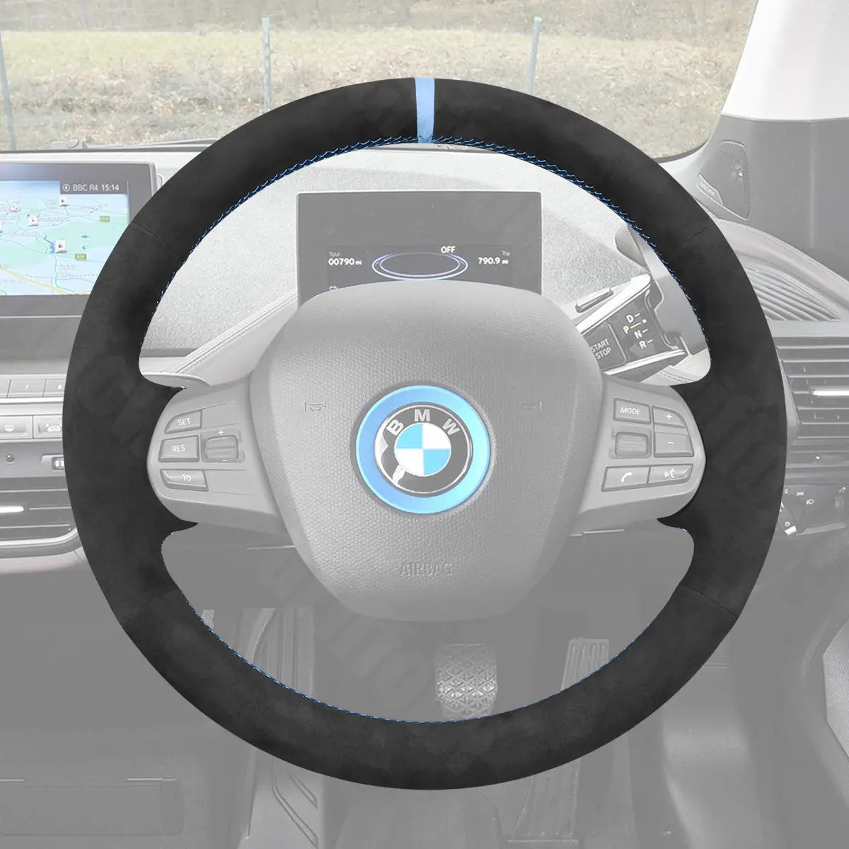 Griffowl Steering Wheel Cover for Bespoke Hatchback BMW i3 2013-2022. DIY kit includes hand-sewn wrap for luxury interior mods.
