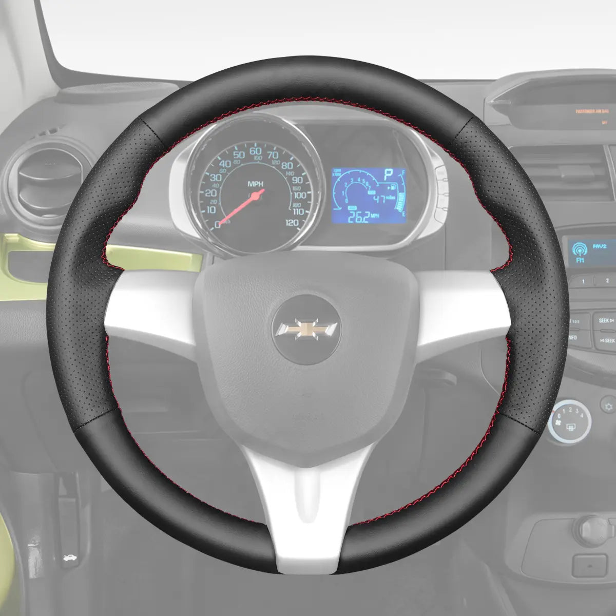 Griffowl Steering Wheel Cover for Bespoke Hatchback Chevrolet Chevy Spark 2010-2015. Hand-sewn kit for drivers seeking precision and comfort.
