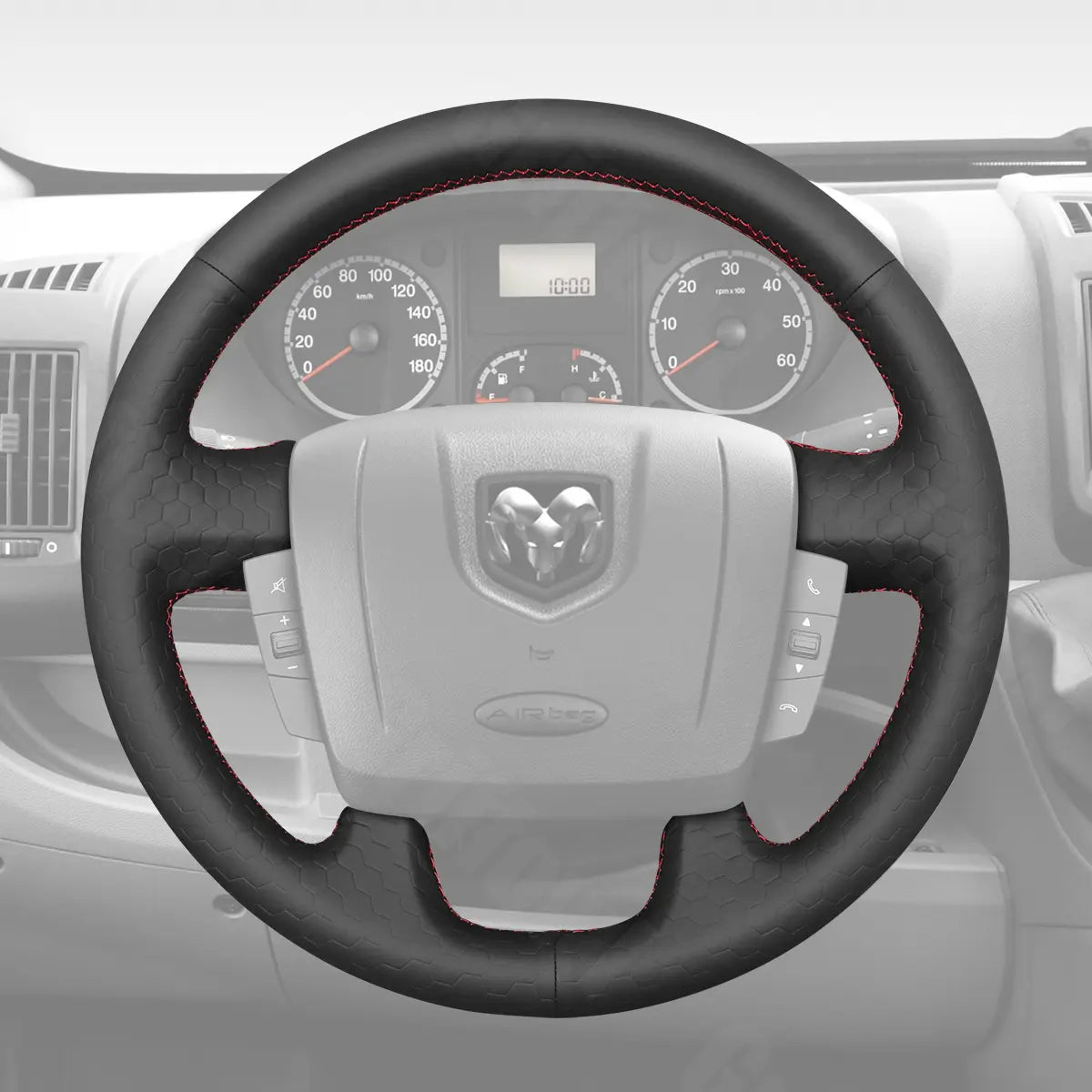 Griffowl Steering Wheel Cover for Bespoke Hatchback Dodge ProMaster 2014-2019. Griffowl's interior mod with hand-sewn DIY steering wheel kit.