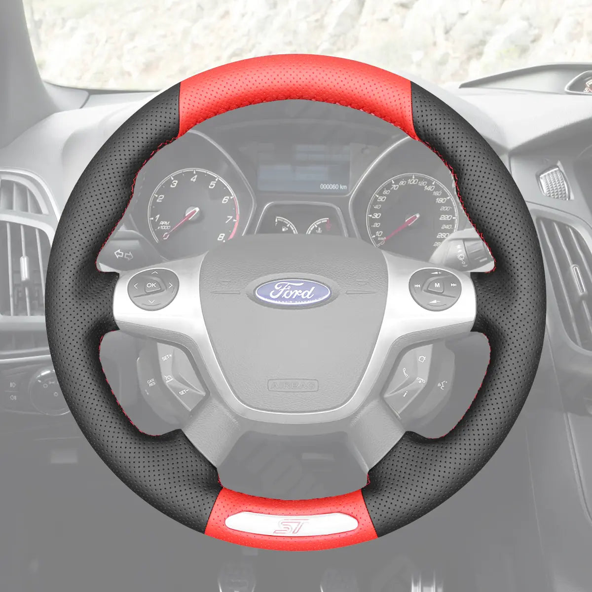 Griffowl Steering Wheel Cover for Bespoke Hatchback Ford Focus ST Mk3 2012-2014. For refined interior upgrades using our wrap and stitch kit.
