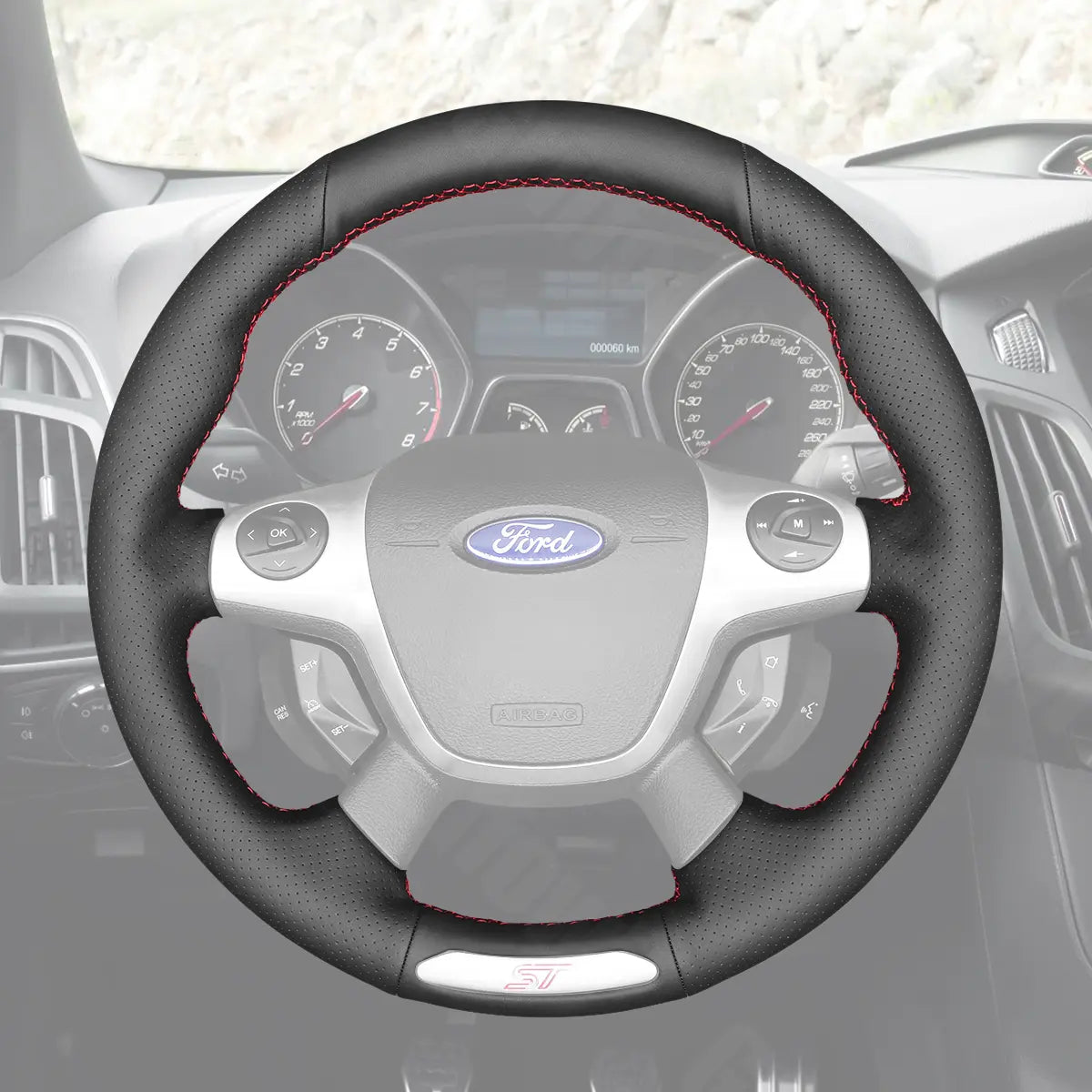 Griffowl Steering Wheel Cover for Bespoke Hatchback Ford Focus ST Mk3 2012-2014. For refined interior upgrades using our wrap and stitch kit.