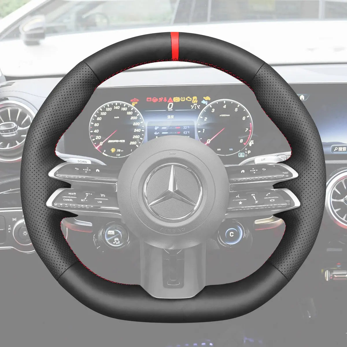 Griffowl Steering Wheel Cover for Bespoke Hatchback Mercedes Benz AMG A35 A45 W177 2023-2024. Elevate your interior with Griffowl's wrap and stitch kit.