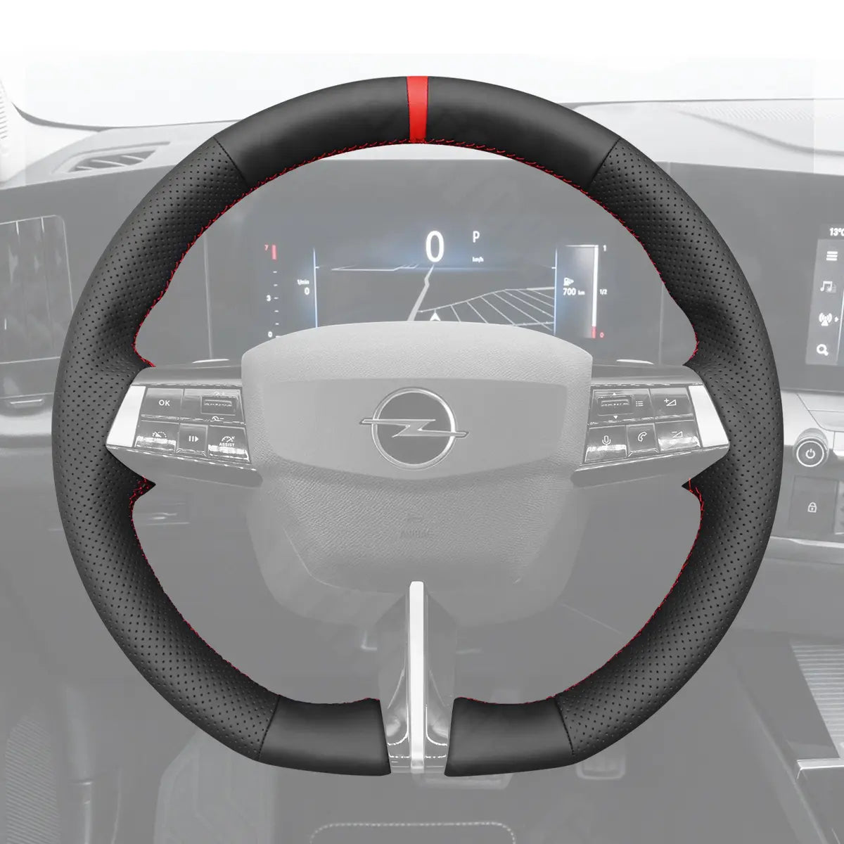 Griffowl Steering Wheel Cover for Bespoke Hatchback Opel Astra Mk8 2022-2024. Griffowl's interior mod with hand-sewn DIY steering wheel kit.
