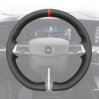 Griffowl Steering Wheel Cover for Bespoke Hatchback Opel Astra Mk8 2022-2024. Griffowl's interior mod with hand-sewn DIY steering wheel kit.
