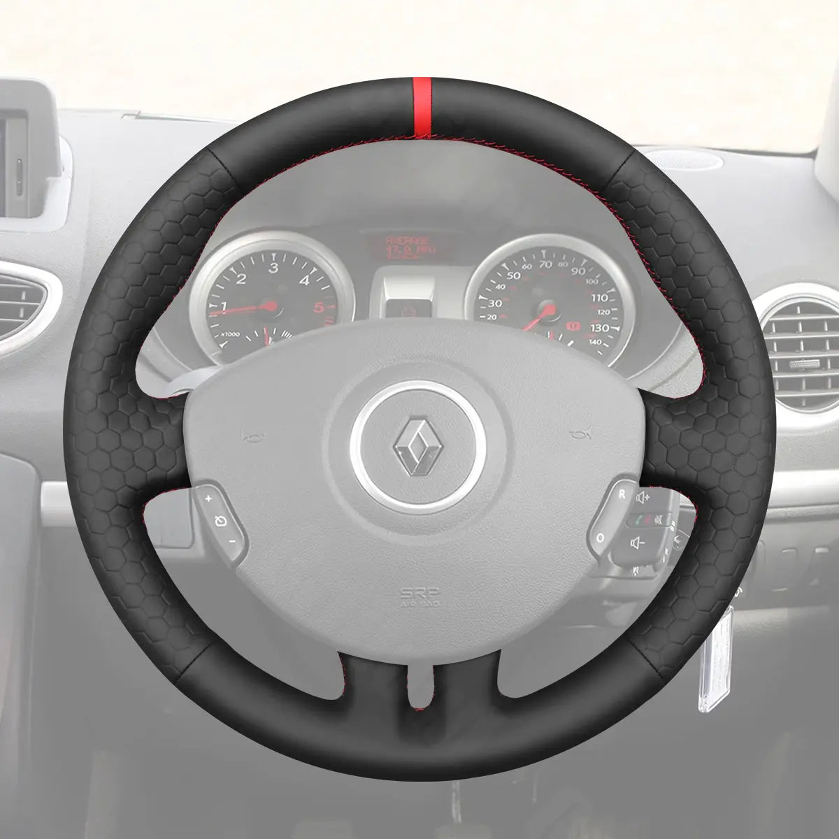 Griffowl Steering Wheel Cover for Bespoke Hatchback Renault Clio 3 2005-2012. Griffowl's interior mod with hand-sewn DIY steering wheel kit.