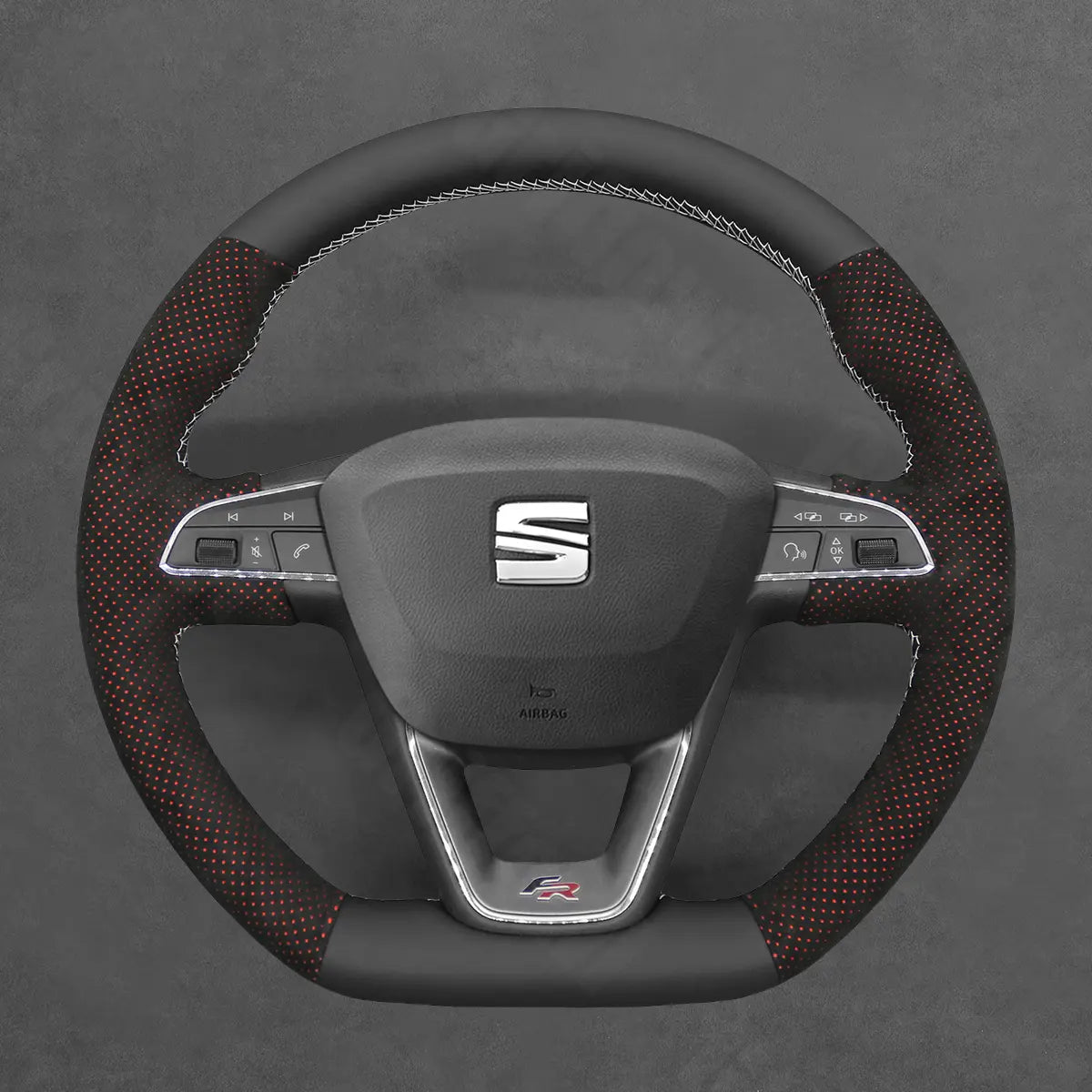 Griffowl Steering Wheel Cover for Bespoke Hatchback Seat Ibiza 6F FR CUPRA Leon 5F FR CUPRA Alhambra FR Line 2015-2022. Compact, hand-sewn DIY wrap for quick interior mods and grip upgrade.
