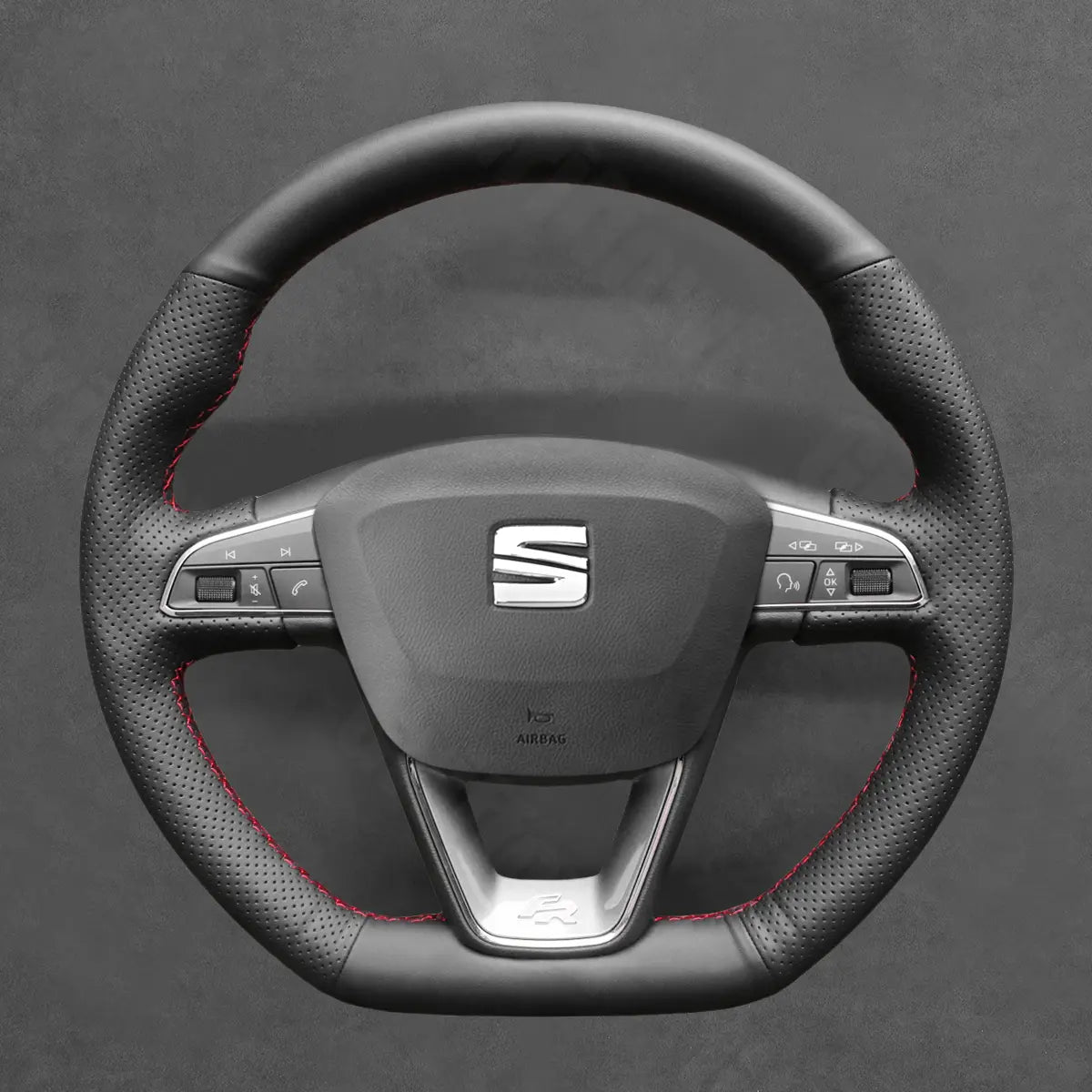 Griffowl Steering Wheel Cover for Bespoke Hatchback Seat Ibiza 6F FR CUPRA Leon 5F FR CUPRA Alhambra FR Line 2015-2022. Compact, hand-sewn DIY wrap for quick interior mods and grip upgrade.
