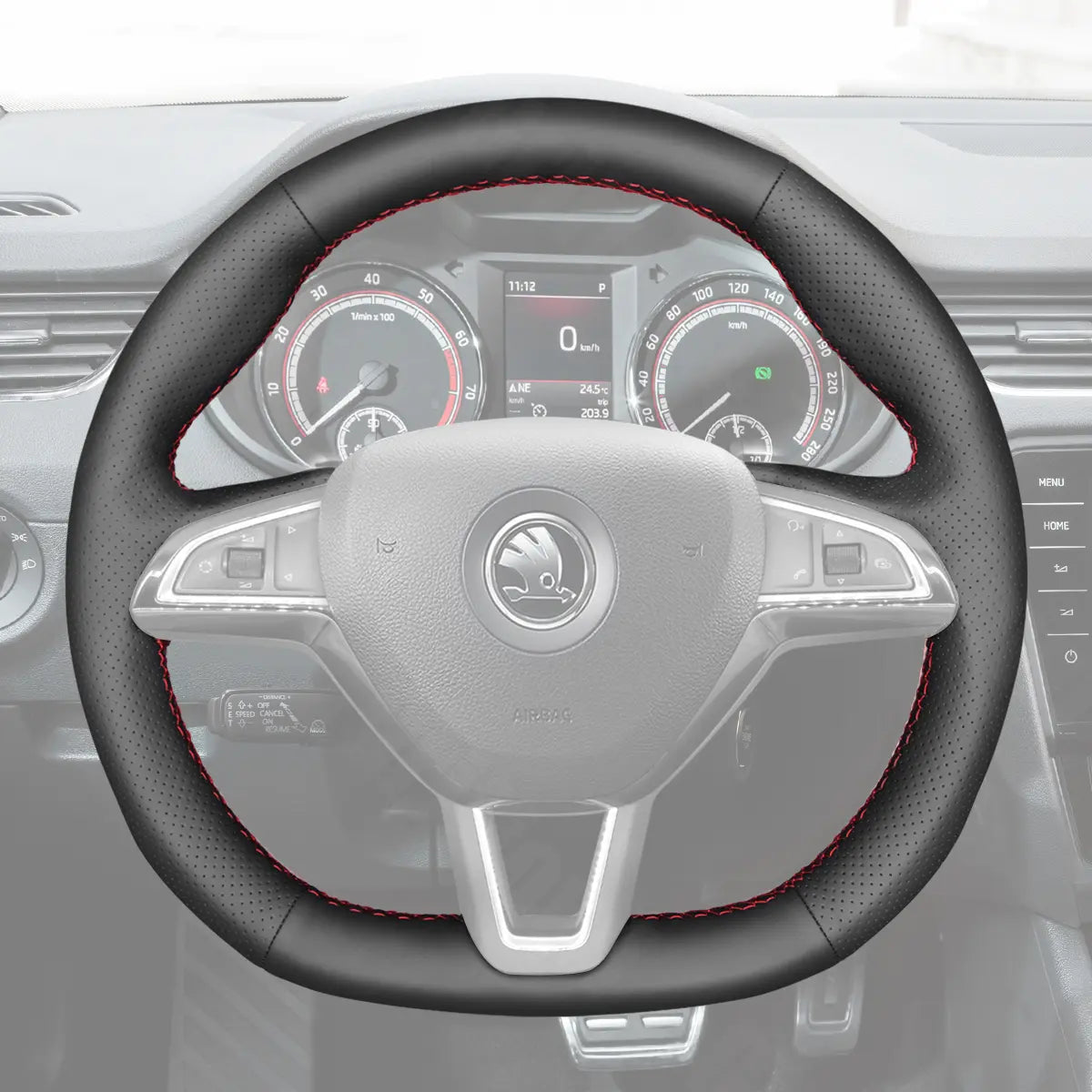 Griffowl Steering Wheel Cover for Bespoke Hatchback Skoda Fabia Scala Citigo Octavia Superb 2015-2019. Perfect for enthusiasts seeking refined interior mods.
