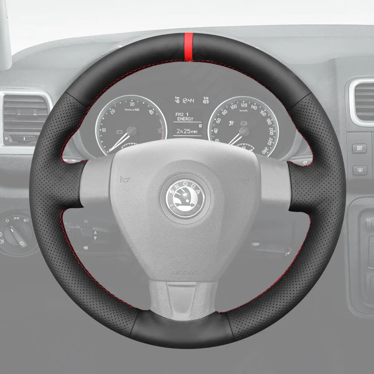 Griffowl Steering Wheel Cover for Bespoke Hatchback Skoda Octavia Fabia II 2004-2008. Hand-sewn kit for drivers seeking precision and comfort.
