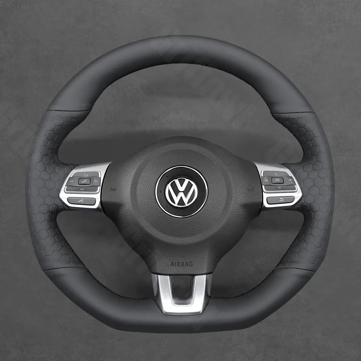 Griffowl Steering Wheel Cover for Bespoke Hatchback Volkswagen VW Golf GTI Mk6 Polo GTI R-Line Mk5 Scirocco 2009-2014. Compact, hand-sewn DIY wrap for quick interior mods and grip upgrade.
