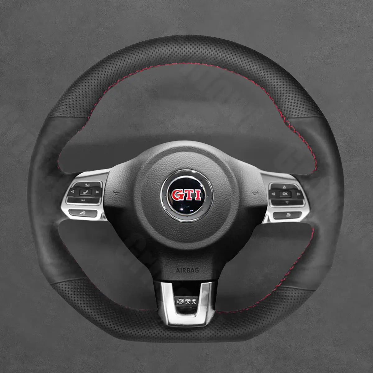 Griffowl Steering Wheel Cover for Bespoke Hatchback Volkswagen VW Golf GTI Mk6 Polo GTI R-Line Mk5 Scirocco 2009-2014. Compact, hand-sewn DIY wrap for quick interior mods and grip upgrade.
