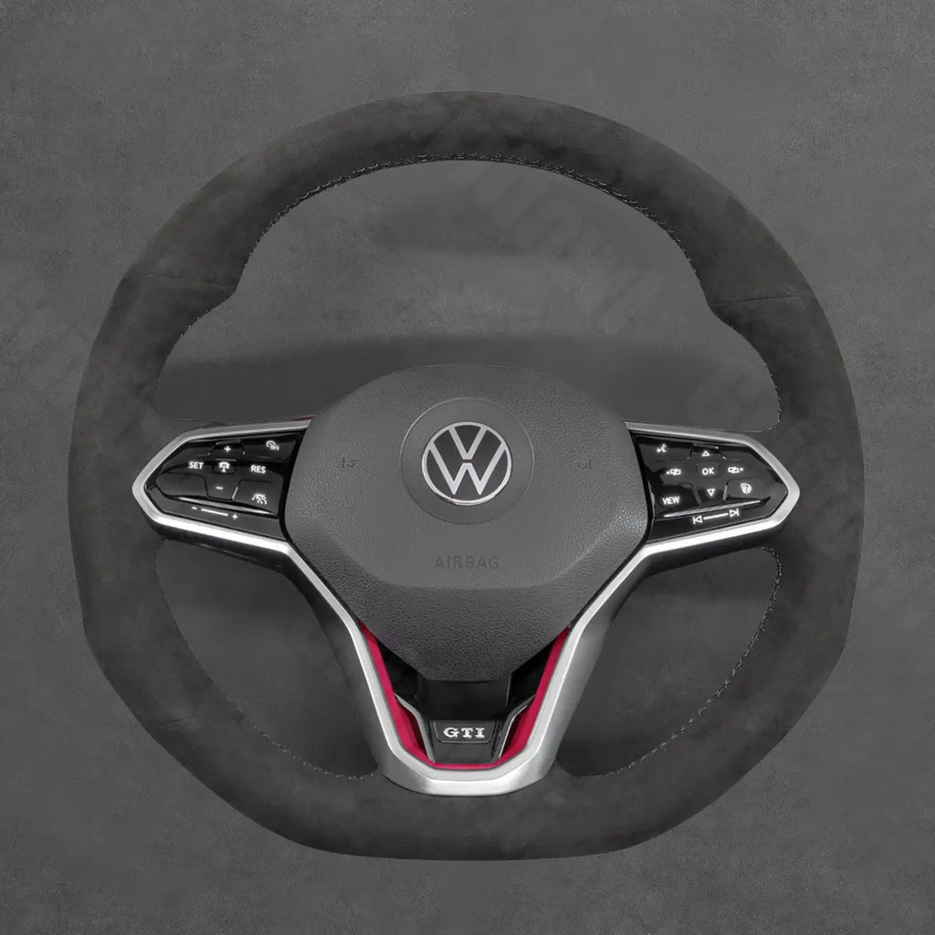 Griffowl Steering Wheel Cover for Bespoke Hatchback Volkswagen VW Golf GTI Mk8 2021-2025. Elevate your interior with Griffowl's wrap and stitch kit.
