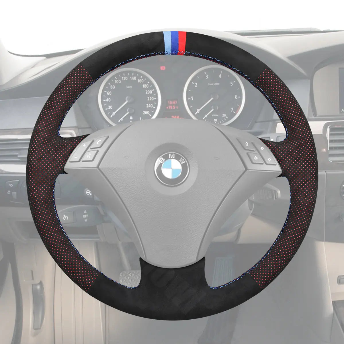 Griffowl Steering Wheel Cover for Crafted Touring BMW 5 Series E61 2004-2009. Griffowl's interior mod with hand-sewn DIY steering wheel kit.