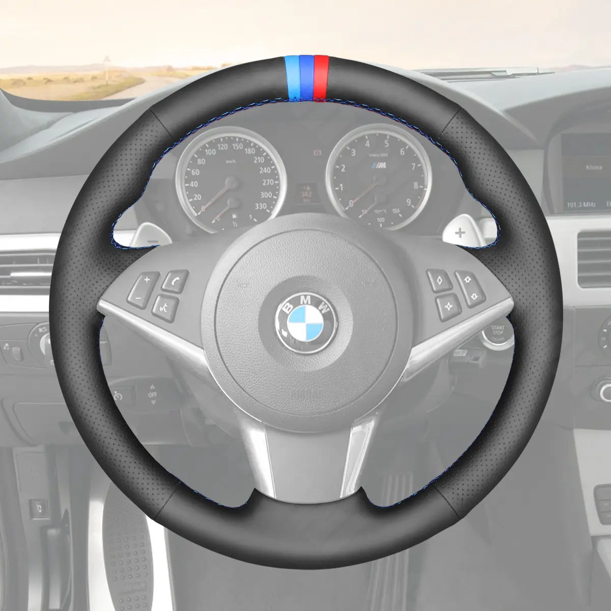Griffowl Steering Wheel Cover for Tailored Coupe BMW M5 M6 E60 E61 E63 E64 2005-2010. Hand-sewn kit for drivers seeking precision and comfort.