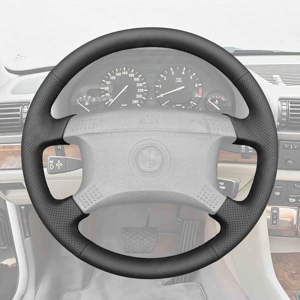 Griffowl Steering Wheel Cover for Customized Sedan BMW 3 5 7 8 Series E32 1982-1994. Hand-sewn kit for drivers seeking precision and comfort.