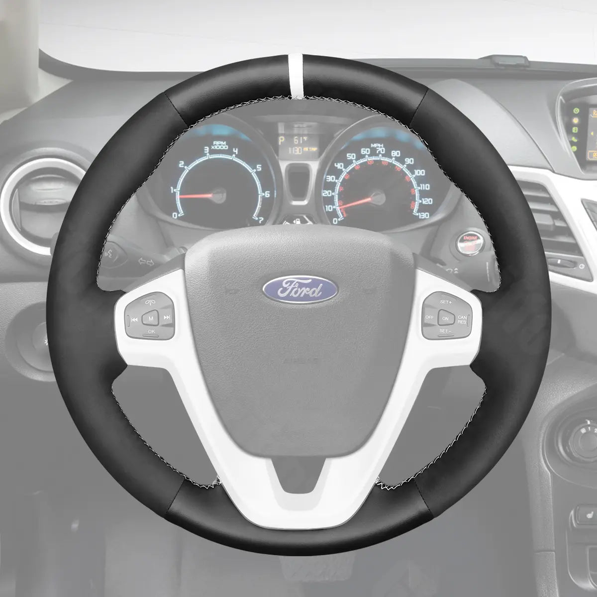 Griffowl Steering Wheel Cover for Customized Sedan Ford Fiesta Mk7 2011-2019. Griffowl's interior mod with hand-sewn DIY steering wheel kit.