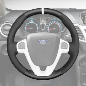 Griffowl Steering Wheel Cover for Customized Sedan Ford Fiesta Mk7 2011-2019. Griffowl's interior mod with hand-sewn DIY steering wheel kit.