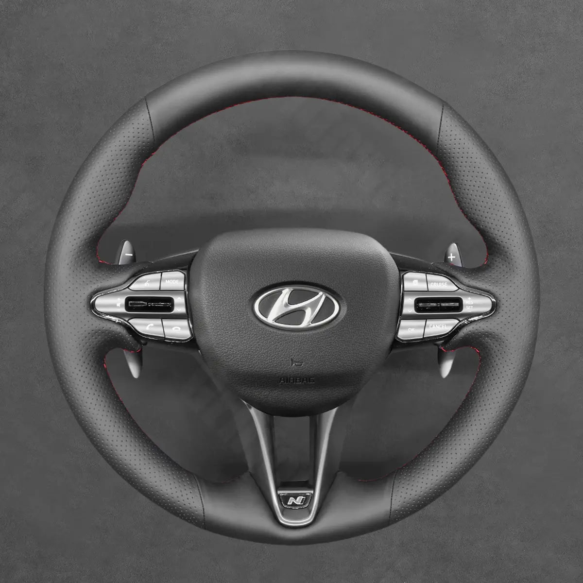 Griffowl Steering Wheel Cover for Customized Sedan Hyundai Elantra N Line 2021-2024. Hand-sewn kit for drivers seeking precision and comfort.
