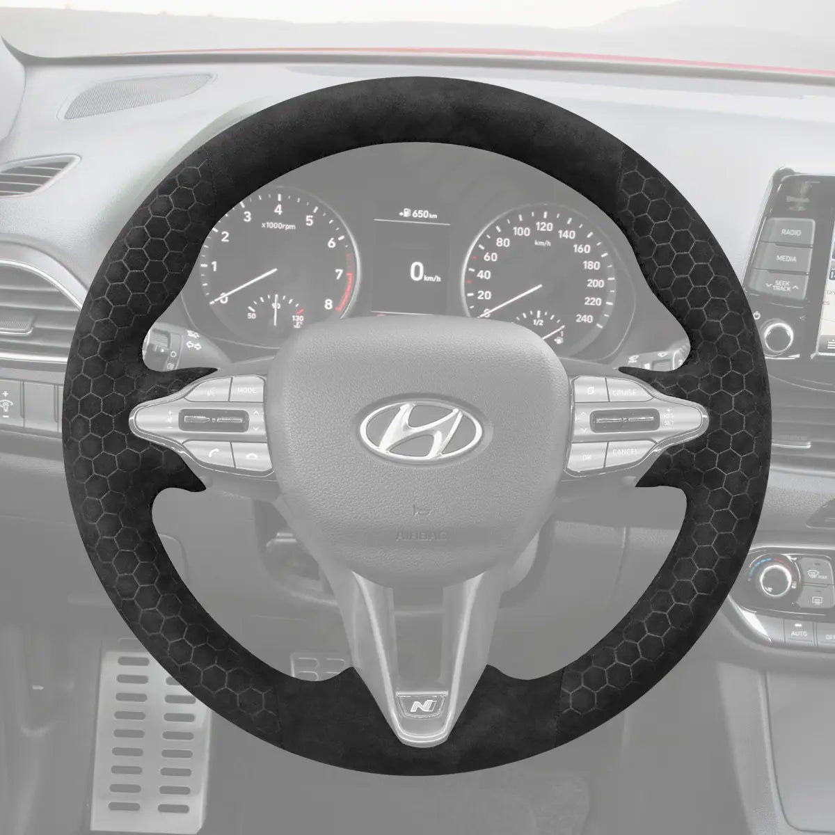Griffowl Steering Wheel Cover for Customized Sedan Hyundai Elantra N Line 2021-2024. Hand-sewn kit for drivers seeking precision and comfort.

