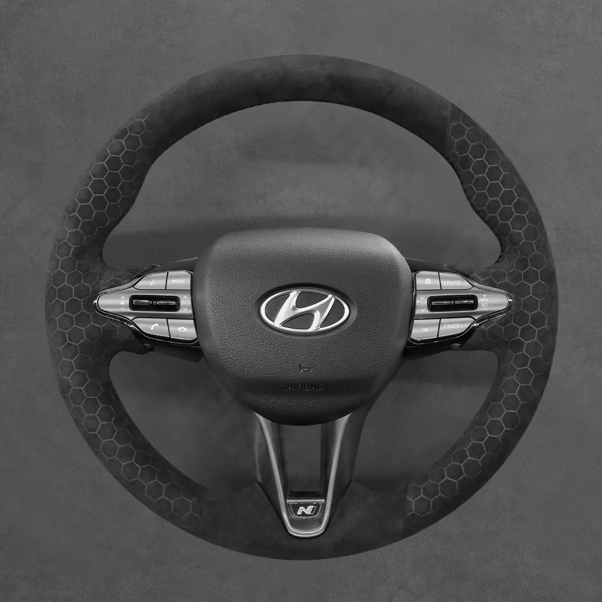 Griffowl Steering Wheel Cover for Customized Sedan Hyundai Elantra N Line 2021-2024. Hand-sewn kit for drivers seeking precision and comfort.

