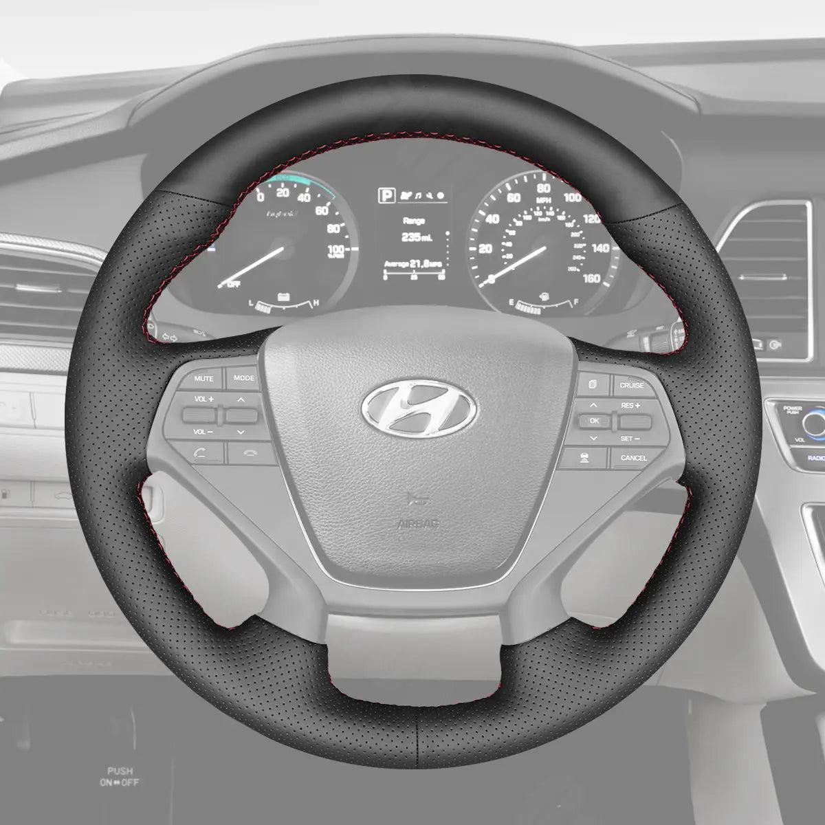 Griffowl Steering Wheel Cover for Customized Sedan Hyundai Sonata 4 Spoke 2015-2019. Hand-sewn kit for drivers seeking precision and comfort.
