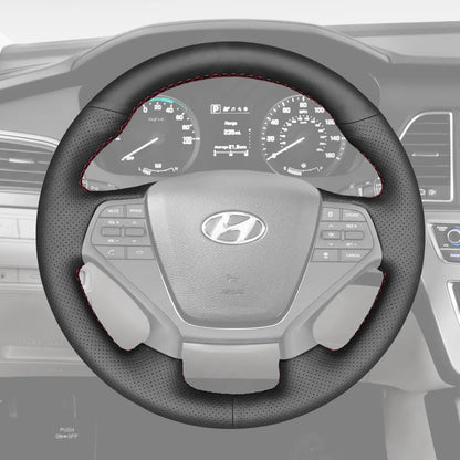Griffowl Steering Wheel Cover for Customized Sedan Hyundai Sonata 4 Spoke 2015-2019. Hand-sewn kit for drivers seeking precision and comfort.
