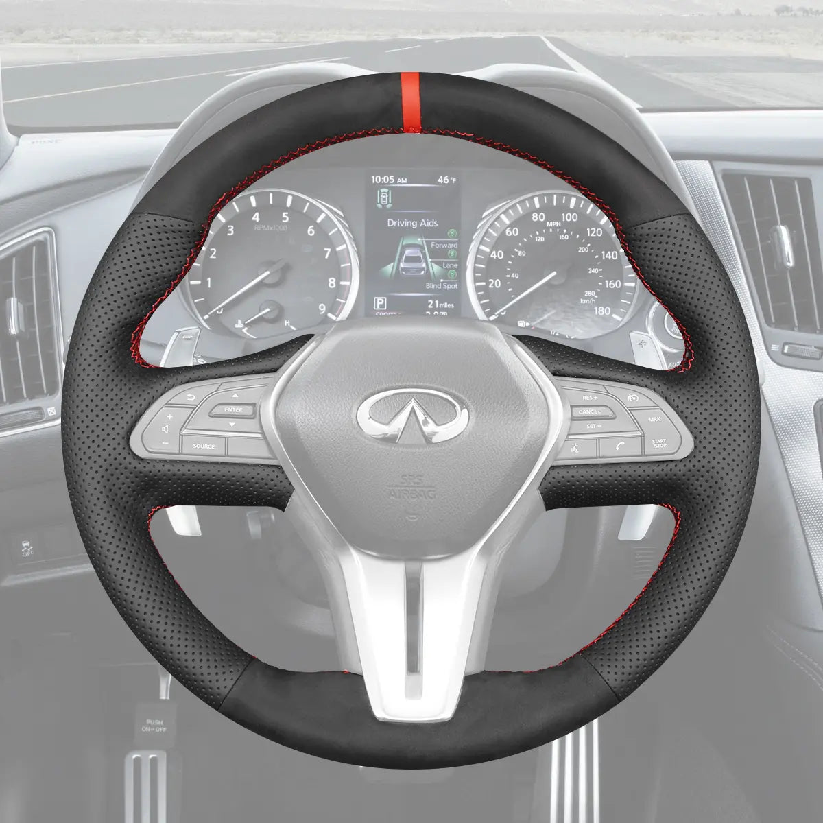 Griffowl Steering Wheel Cover for Customized Sedan Infiniti Q50 2018-2024. Perfect grip with our steering wheel wrap and custom interior touch.
