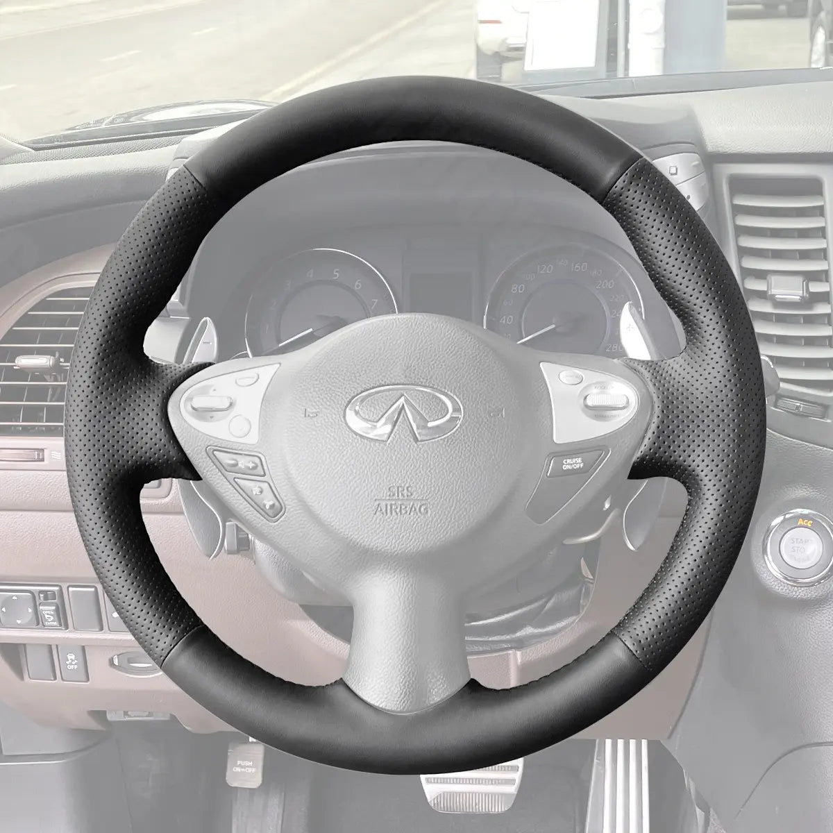 Griffowl Steering Wheel Cover for Customized Sedan Infiniti Sentra Maxima 2009-2019. Hand-sewn kit for drivers seeking precision and comfort.
