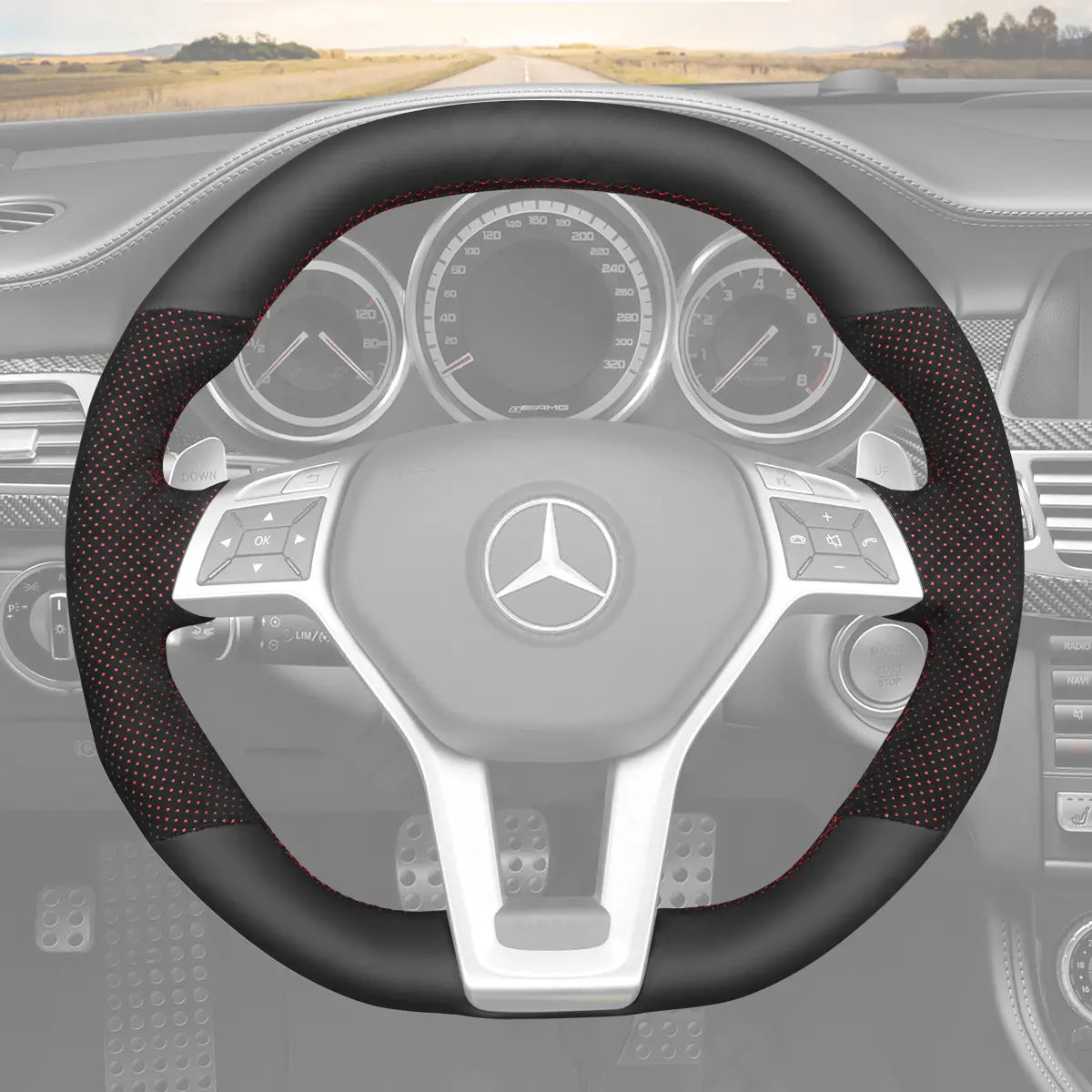Griffowl Steering Wheel Cover for Customized Sedan Mercedes Benz AMG CLA CLS S Model E S SL 2012-2016. Perfect for enthusiasts seeking refined interior mods.