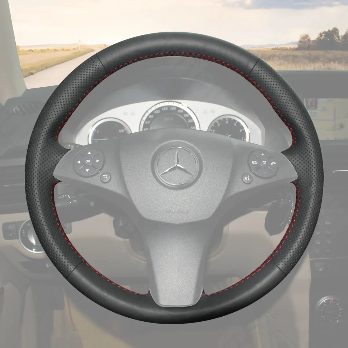 Griffowl Steering Wheel Cover for Customized Sedan Mercedes Benz C-Class W204 2008-2011. Elevate your interior with Griffowl's wrap and stitch kit.