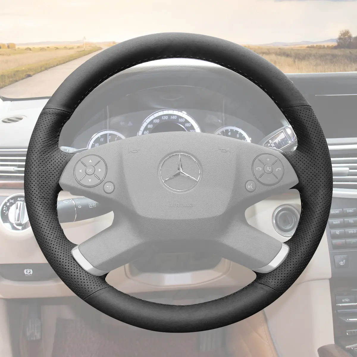 Griffowl Steering Wheel Cover for Customized Sedan Mercedes Benz E Class W212 2010-2011. Elevate your interior with Griffowl's wrap and stitch kit.