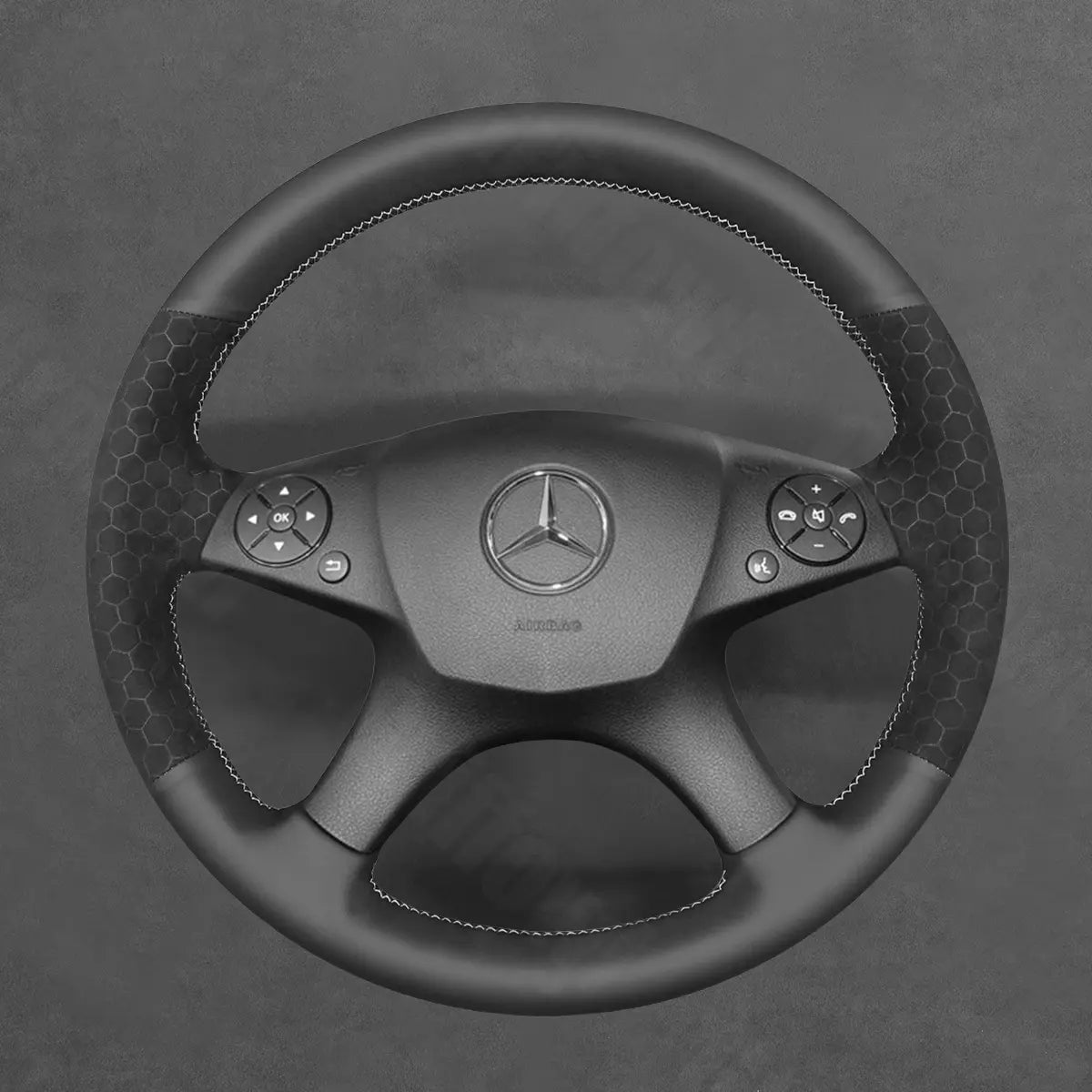 Griffowl Steering Wheel Cover for Customized Sedan Mercedes Benz W204 C-Class C280 C230 C180 C260 C200 C300 2007-2010. Compact, hand-sewn DIY wrap for quick interior mods and grip upgrade.