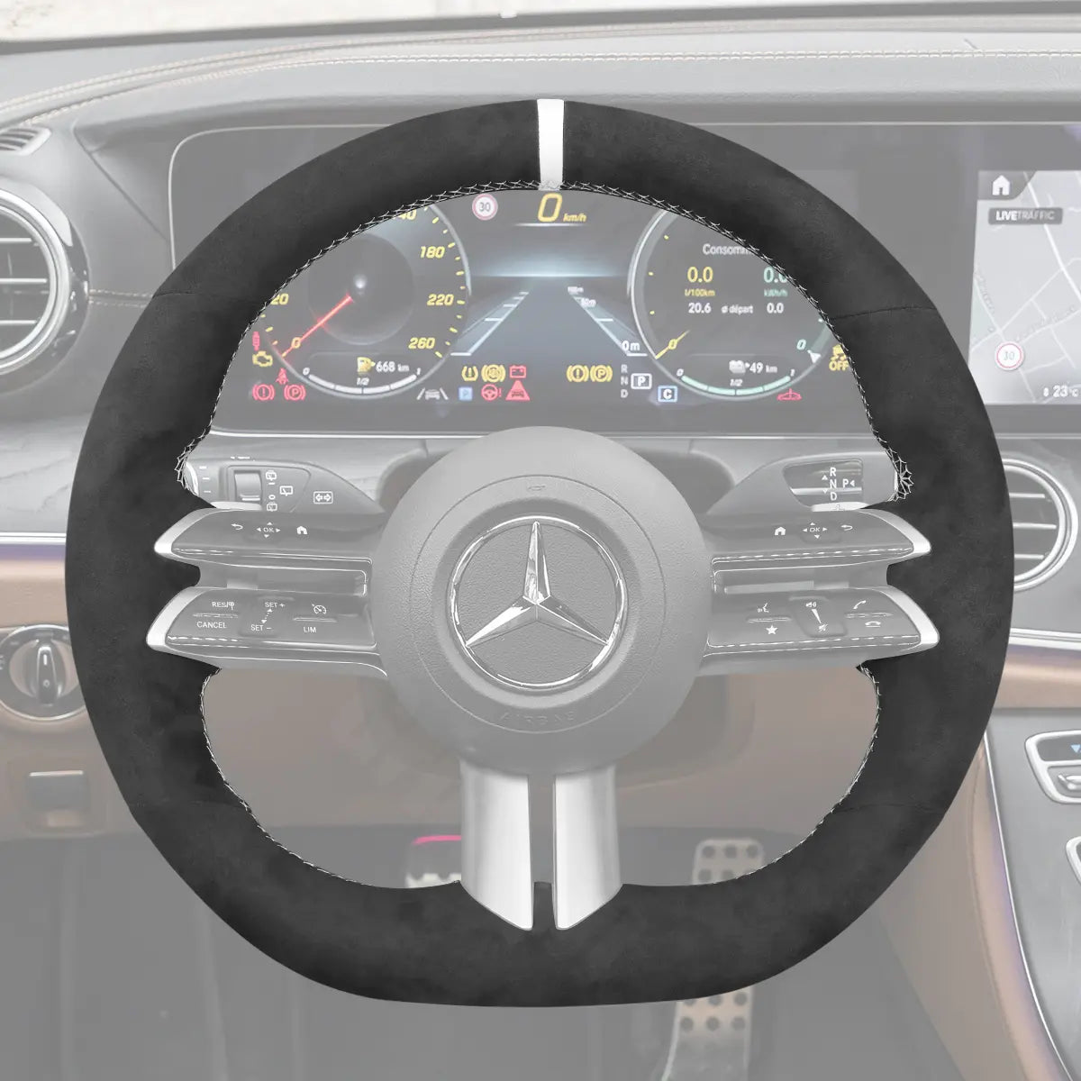Griffowl Steering Wheel Cover for Customized Sedan Mercedes Benz W206 C257 W213 W223 EQS EQE 2021-2024. Perfect for enthusiasts seeking refined interior mods.