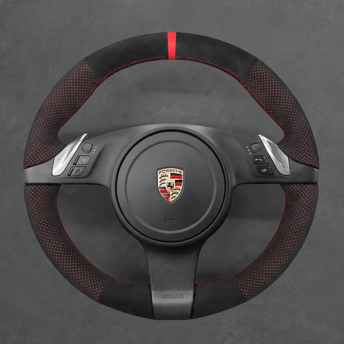 Griffowl Steering Wheel Cover for Customized Sedan Porsche Panamera 2010-2016. Griffowl's interior mod with hand-sewn DIY steering wheel kit.