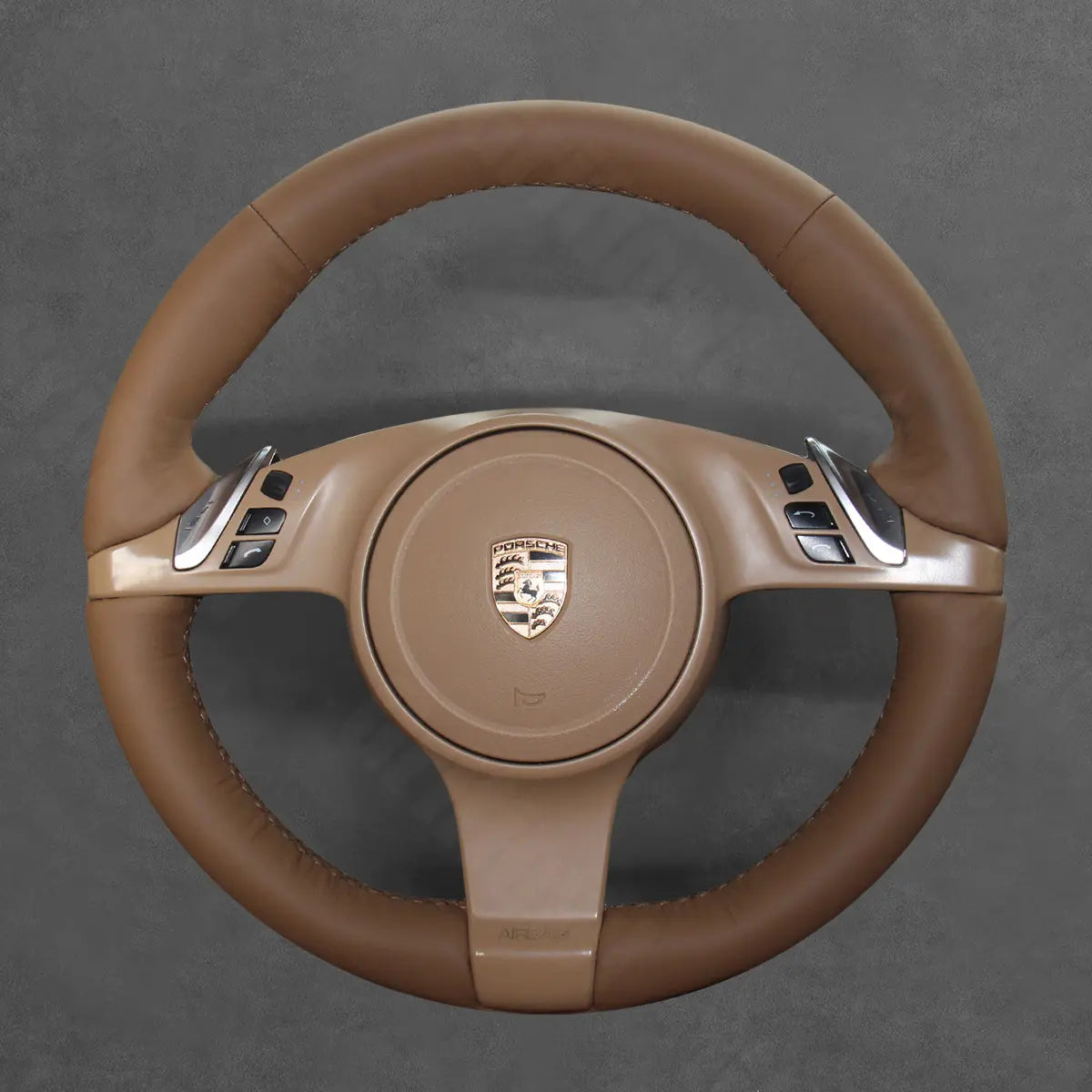 Griffowl Steering Wheel Cover for Customized Sedan Porsche Panamera 2010-2016. Griffowl's interior mod with hand-sewn DIY steering wheel kit.