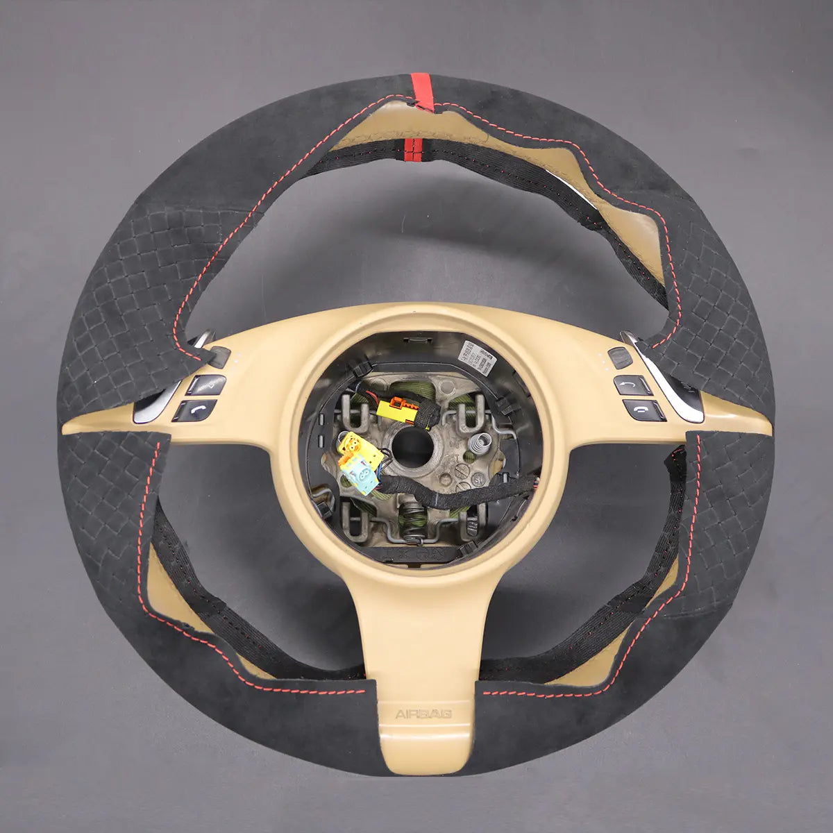 Griffowl Steering Wheel Cover for Customized Sedan Porsche Panamera 2010-2016. Griffowl's interior mod with hand-sewn DIY steering wheel kit.