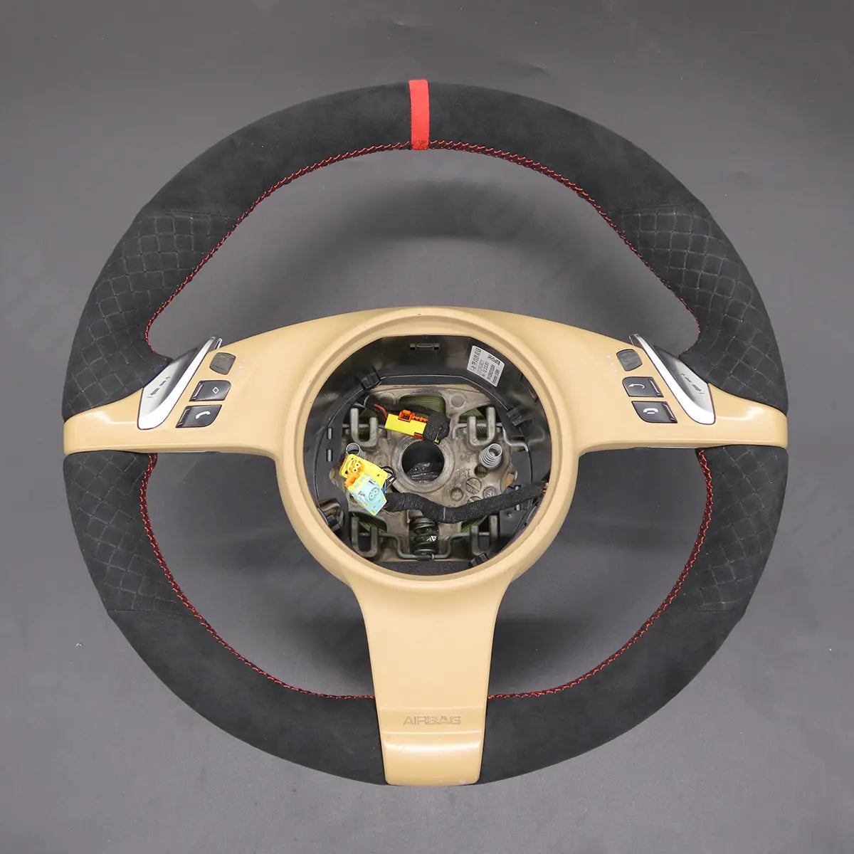 Griffowl Steering Wheel Cover for Customized Sedan Porsche Panamera 2010-2016. Griffowl's interior mod with hand-sewn DIY steering wheel kit.