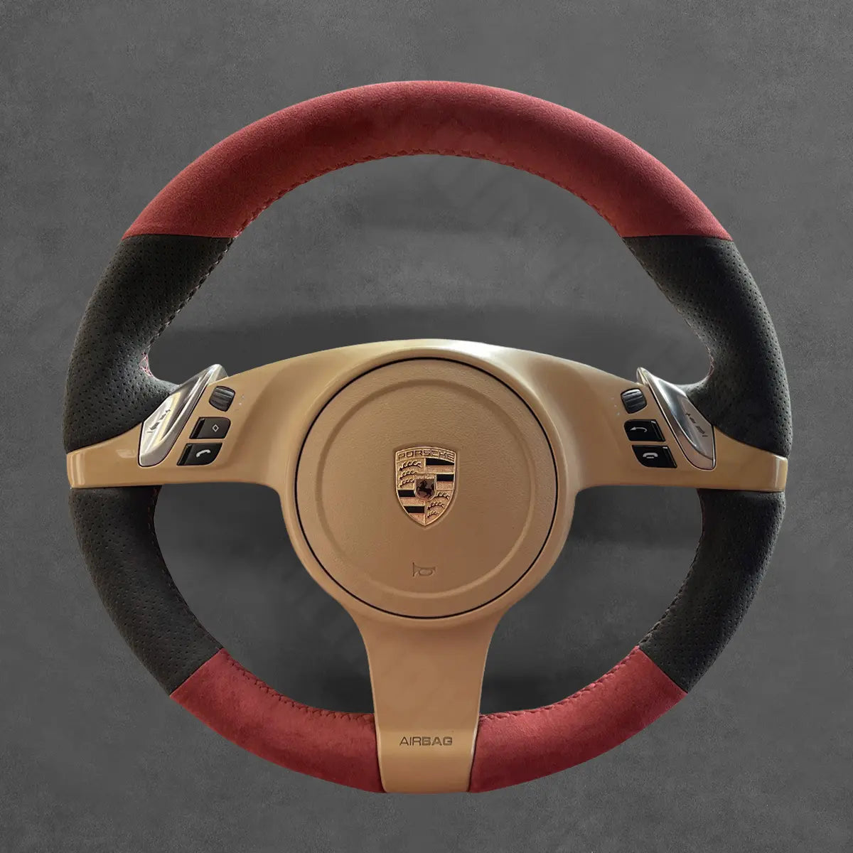 Griffowl Steering Wheel Cover for Customized Sedan Porsche Panamera 2010-2016. Griffowl's interior mod with hand-sewn DIY steering wheel kit.